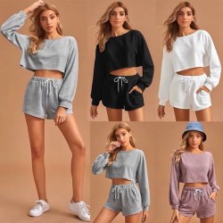 Women Long Sleeve Crew Neck Sports Suits Sweatshirt Short Hoodie Set Fitness Casual Hoodie Two Piece Set Tops Shorts for Woman
