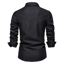 Cotton Long Sleeve Denim Shirts Mens Casual Solid Color Pocket Shirts Streetwear Outdoor Man Clothing